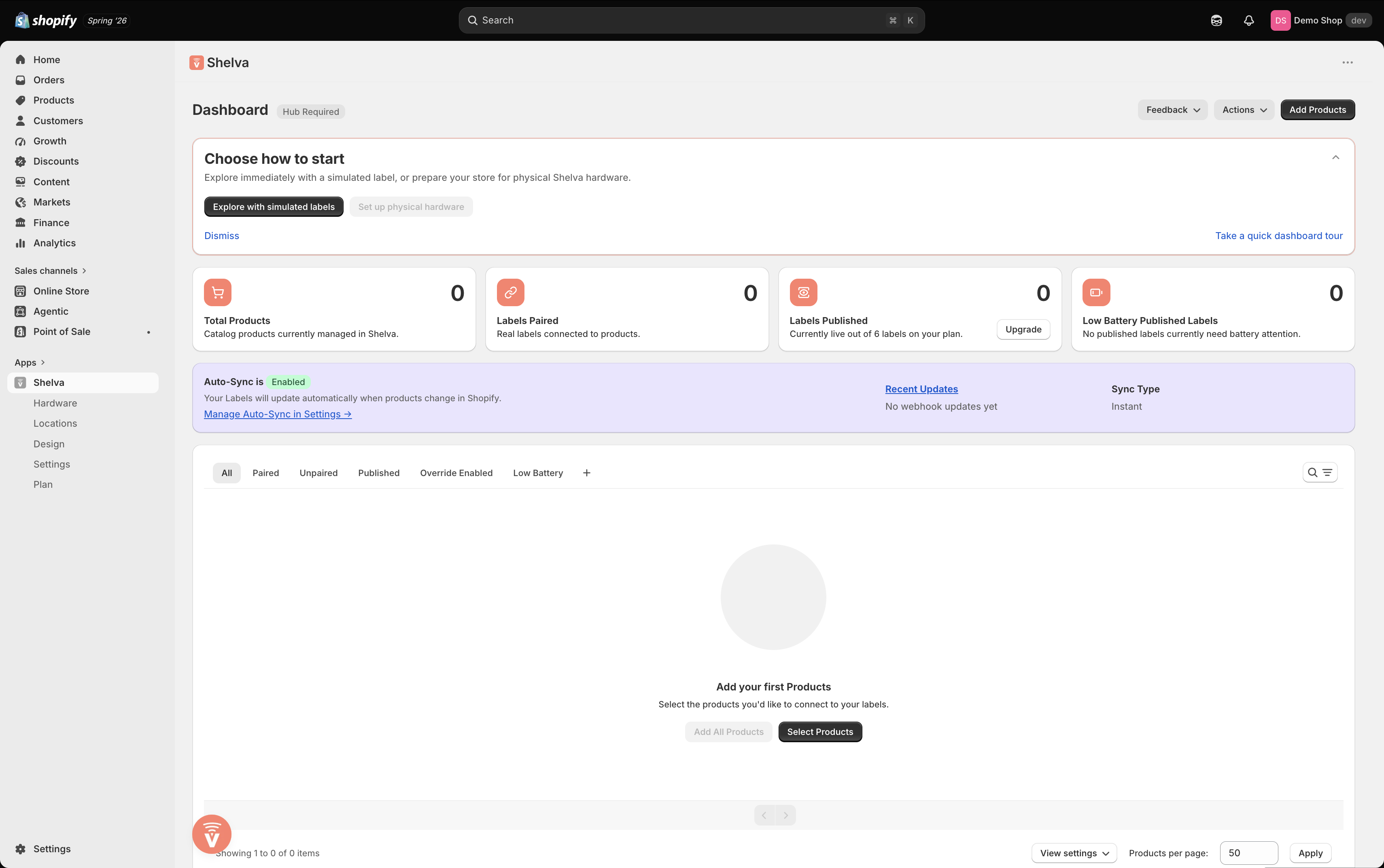 Shelva walkthrough showing simulated and physical label setup choices