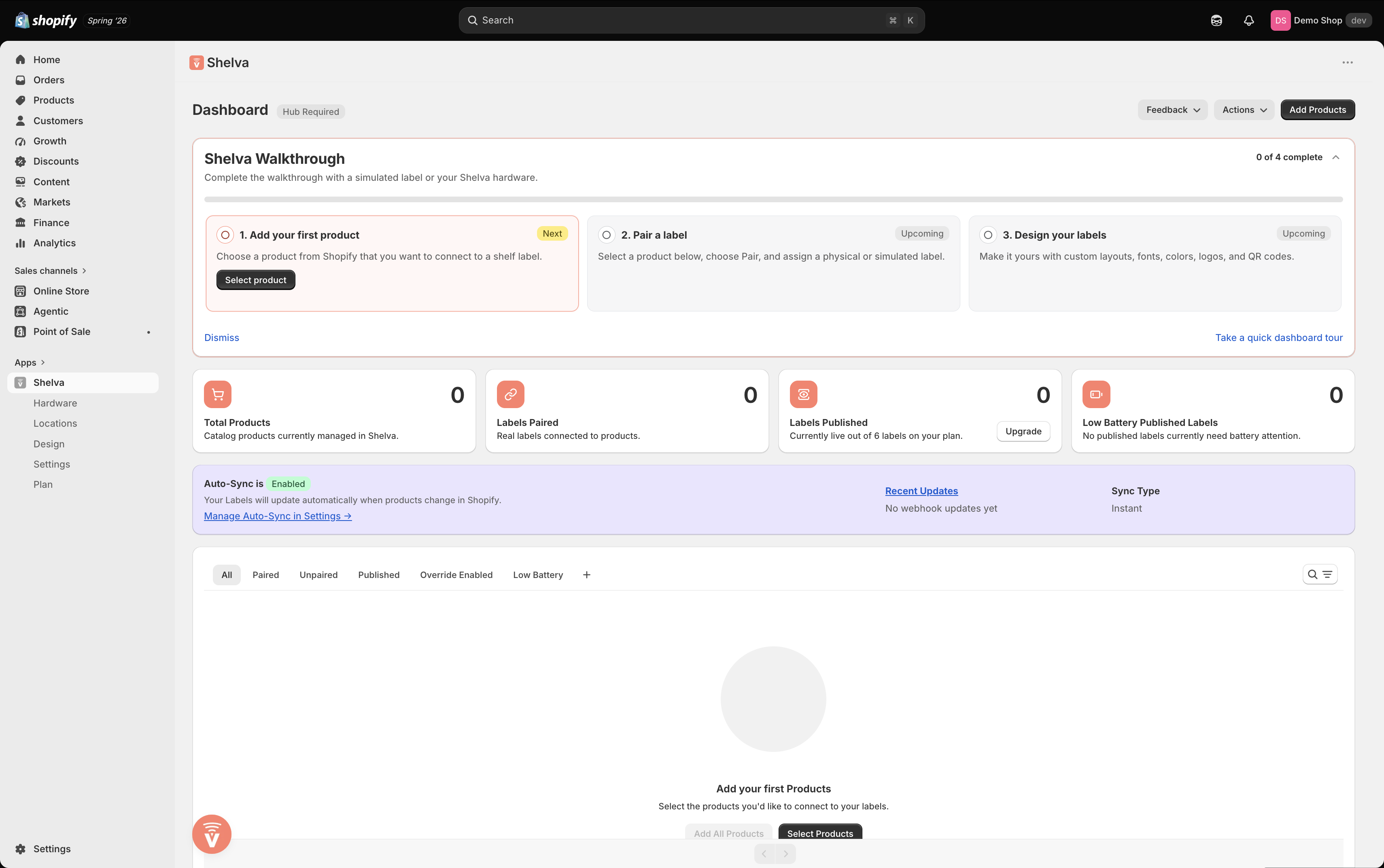 Shelva Dashboard with the walkthrough steps for adding a product, pairing a label, and designing labels