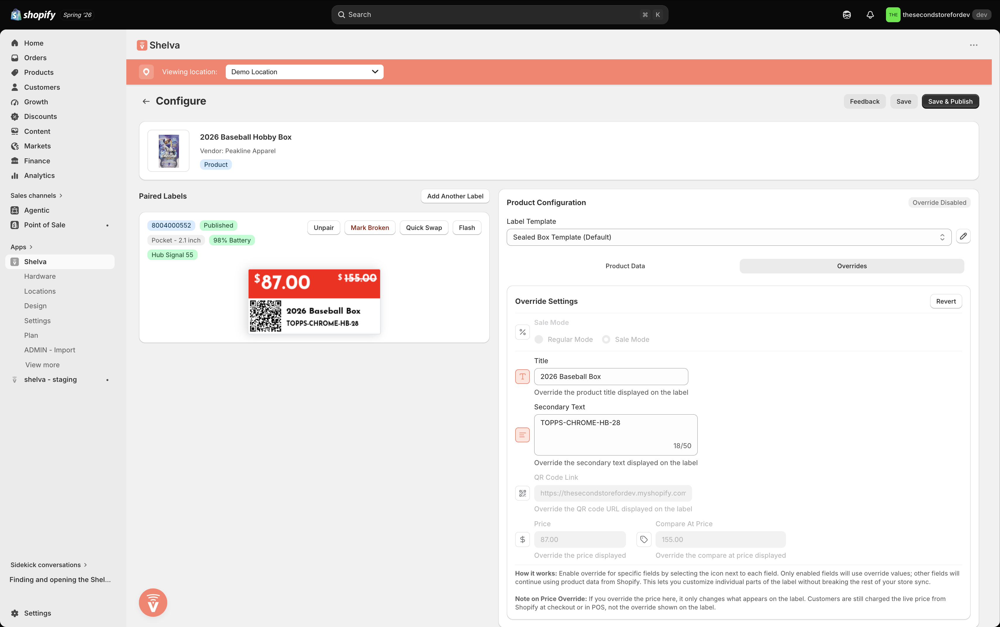 Shelva Configure page with product overrides enabled