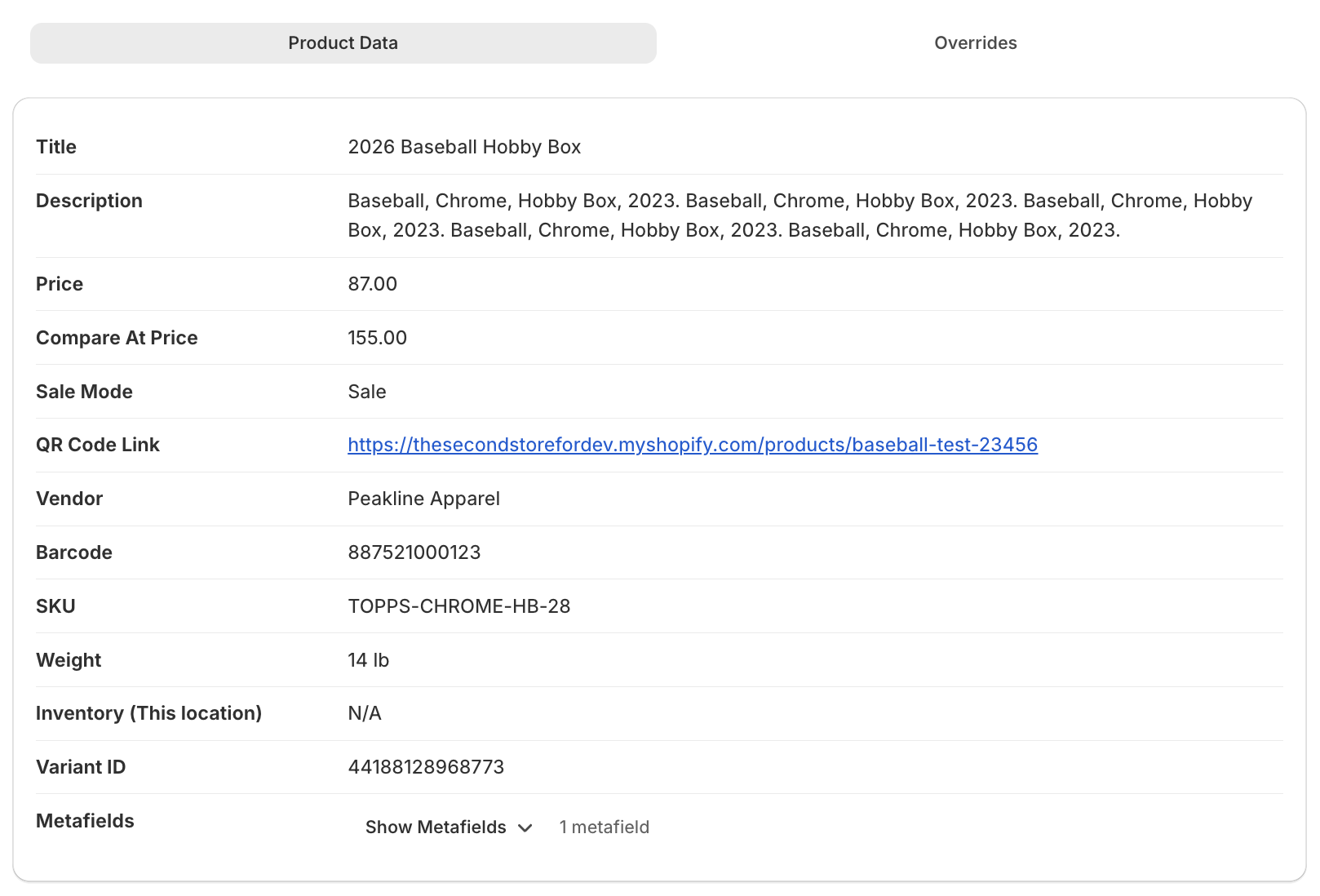 Close-up of the Product Data tab on the Shelva Configure page
