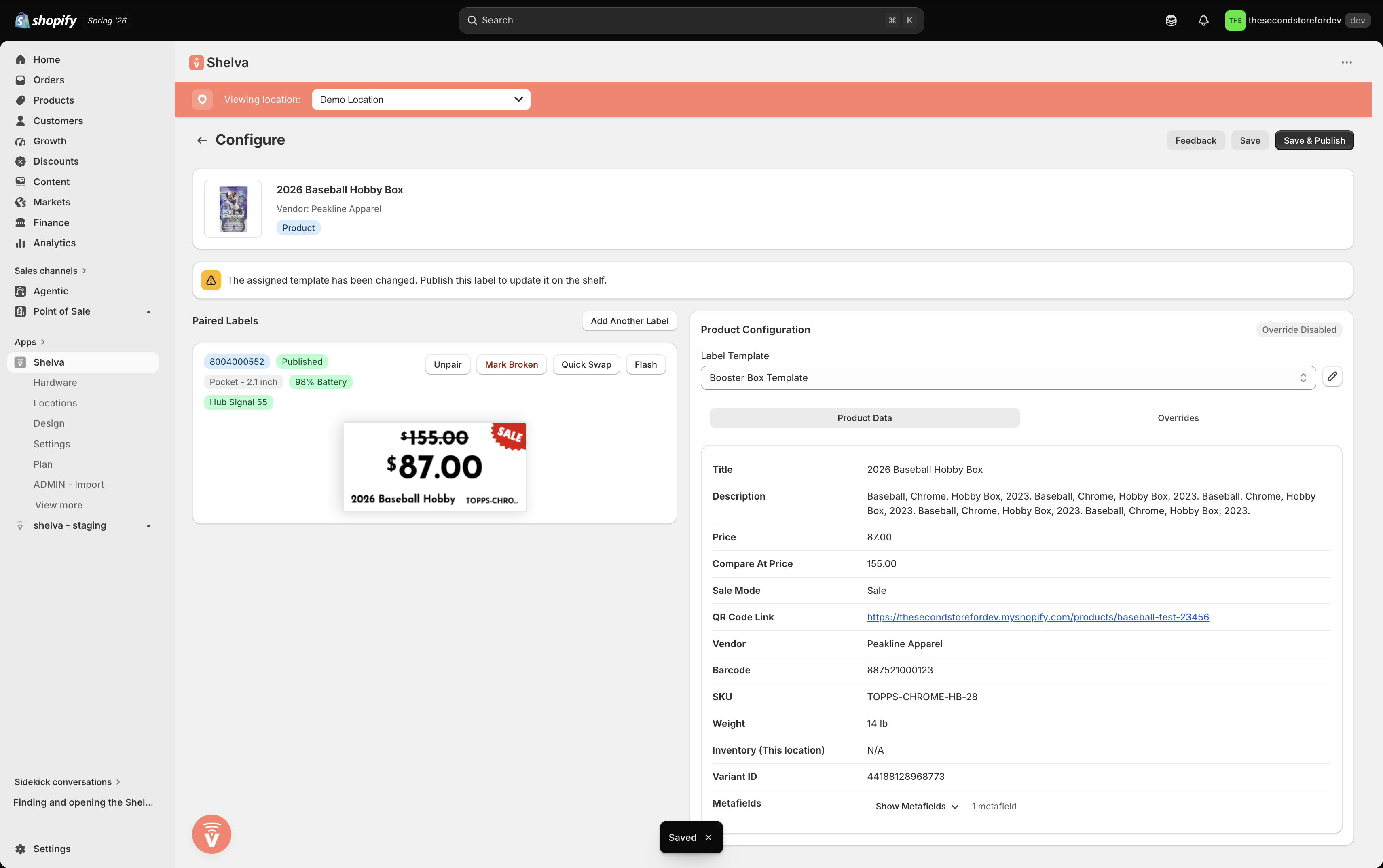 Shelva Configure page warning that the assigned template has changed